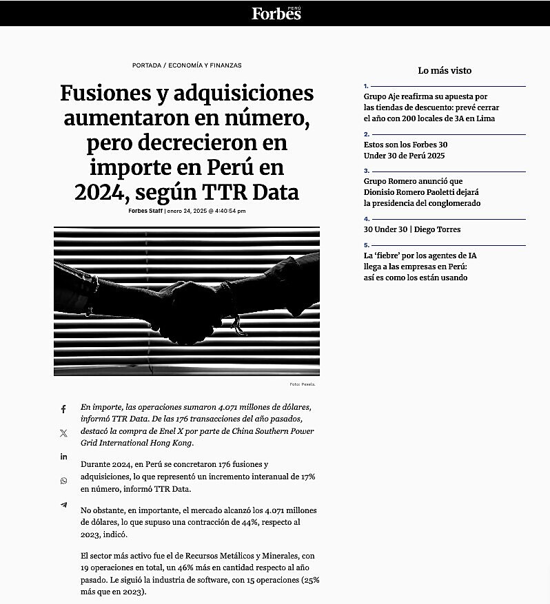 Fusiones y adquisiciones aumentaron en nmero, pero decrecieron en importe en Per en 2024, segn TTR Data